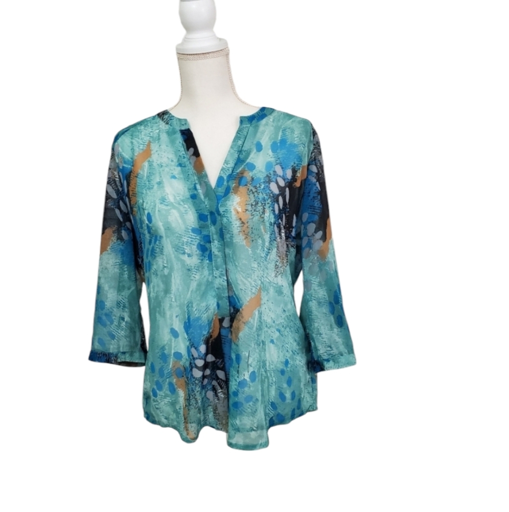 Ambria Sheer Watercolor Top Blouse Blue/Green, Size 6